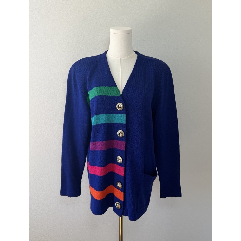 Ami Knits Blue Multicolor Colorblock Button Cardigan Sweater Size 10 - Picture 3 of 5